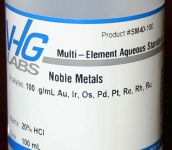 VHG Labs Noble Metals Multi-Element Standard in 20% HCl, 100μg/mL, 100 mL HDPE Bottle - SM40-100